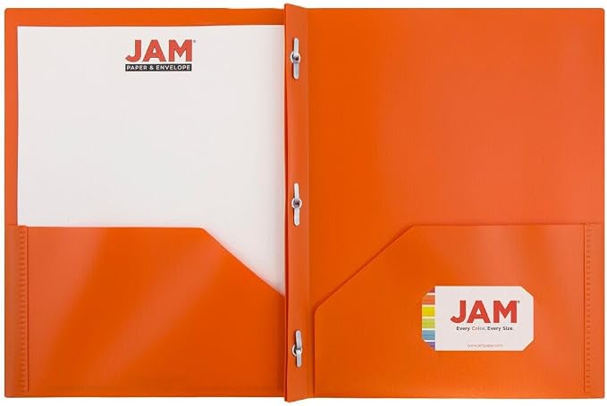 JAM PAPER Plastic 2 Pocket POP Folders - Durable School Folders with Metal Prongs Fastener Clasps - Orange - 24/Pack - Image 5