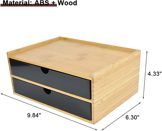 WAYUTO 2-Tier Bamboo Desktop Organizer Simple Wooden Tabletop Storage Organization Box Multi-Scene Drawer Units for Home Bathroom Office Black 2-Drawer - Image 3