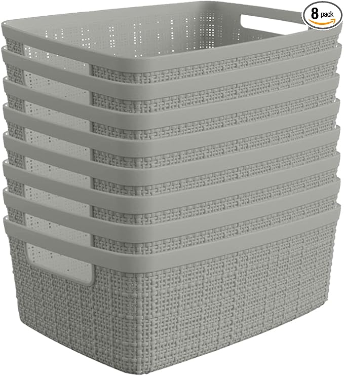 Curver Set of 8 Small 4.5L Jute Decorative Plastic Organization and Storage Baskets - Perfect Bins for Home Office, Closet Shelves, Kitchen Pantry and All Bedroom Essentials, Grey by Unknown