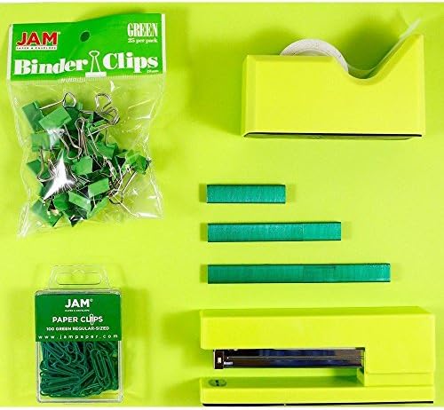 JAM PAPER Office Starter Kit - Green - Stapler, Tape Dispenser, Staples, Paper Clips & Binder Clips - 5/Pack - Image 3