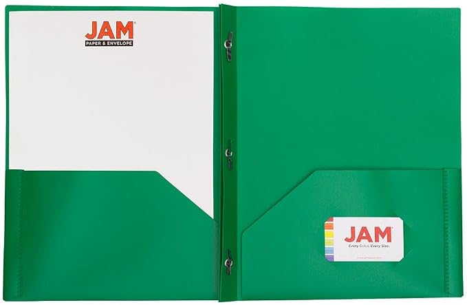 JAM PAPER Plastic 2 Pocket POP Folders - Durable School Folders with Metal Prongs Fastener Clasps - Green - 12/Pack - Image 4