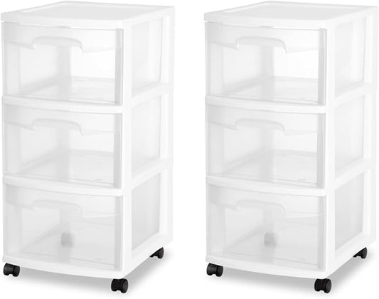 Sterilite 2 Pack Plastic Storage Organizer, 3 Drawer Rolling Bin Cart, Closet Organization, White by Sterilite