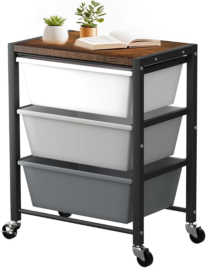 Rolling Cart with 3 Drawers, Plastic Drawer Storage Carts with Lockable Wheels & Wooden Tabletop, Metal Utility Cart Organizer, Office Bedroom Classroom Craft Organization and Storage, Dark Grey by TimeForest
