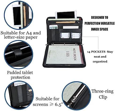 Zippered Padfolio Binder, Faux Leather Organizer with 3-Ring Binder, Left-Handed Design, Business Card Slots & Document Folders - Professional Padfolio for Office (Black) - Image 4