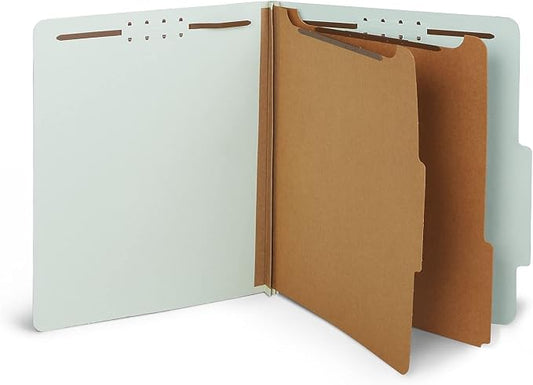 Staples Top‑Tab Pressboard Classification Folder, Letter Size, 2 Partitions, Gray/Green, Durable Construction, 10/Box by Staples