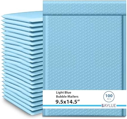 Light Blue Bubble Mailers 9.5x14.5, Poly Padded Envelopes #4, 100 Pack by BAYLUE