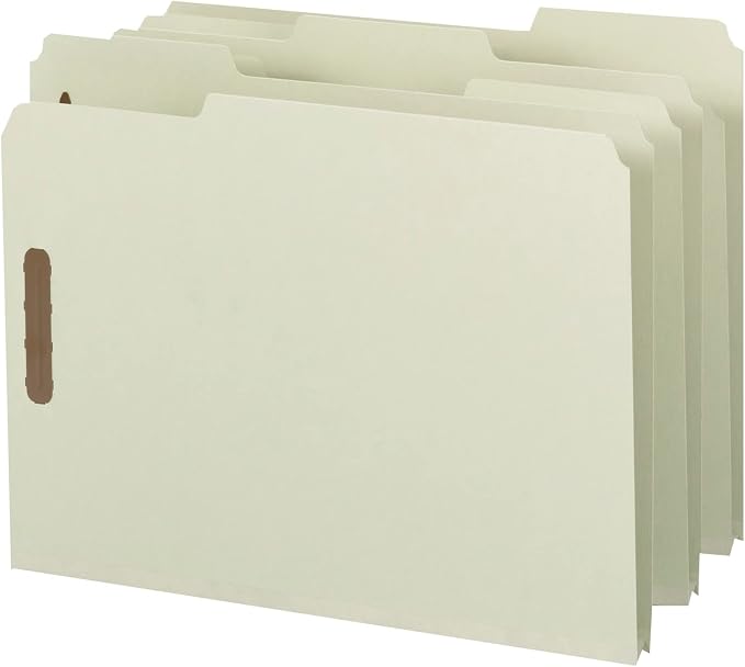 Smead 100% Recycled Pressboard Fastener File Folder, 2 Fasteners, 1/3-Cut Tab, 1" Expansion, Letter Size, Gray/Green, 25 per Box (15003) by SMEAD