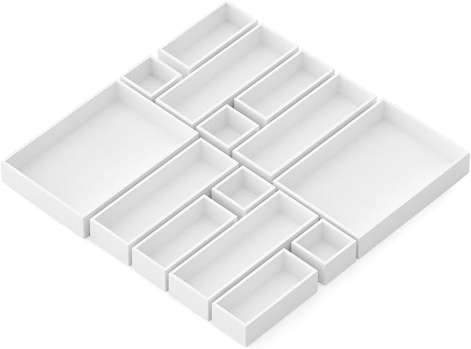 SpaceAid 14-Piece Bamboo Drawer Organizer Storage Boxes Set, Wood Tray Junk Drawer Organizers Multi-Use Divider Bins for Kitchen, Bathroom, Office Desk and Makeup Organization (14 Pack, White) by SpaceAid