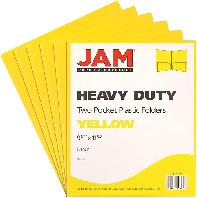 JAM PAPER Heavy Duty Plastic 2 Pocket Extra Tough School Folders - Yellow - 6/Pack - Image 2