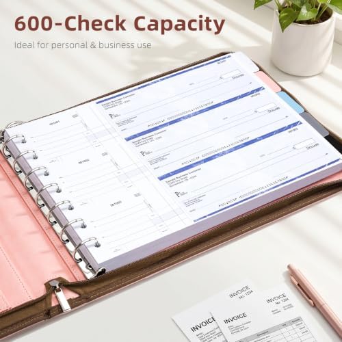 Ospelelf Pink Zippered 7 Ring Check Binder for Business Checks (9" x 13"), 1 Inch Faux Leather Checkbook Portfolio with Zipper Pouch, Professional Binder Organizer for Accountants, Home Use - Image 5