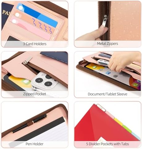 Ospelelf Clipboard with Storage, 3 Ring Binder with Zipper, Leather Padfolio Portfolio Folder, Calculator, 12.1” Tablet Sleeve, 5 Dividers with Pocket|Refillable Notepad, Card Slot (Rose Gold) - Image 4