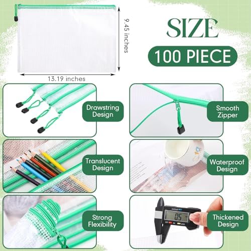 Zhehao 100 Pcs A4 Mesh Zipper Pouch Bag Bulk Green Mesh Pouch with Zipper - Image 2