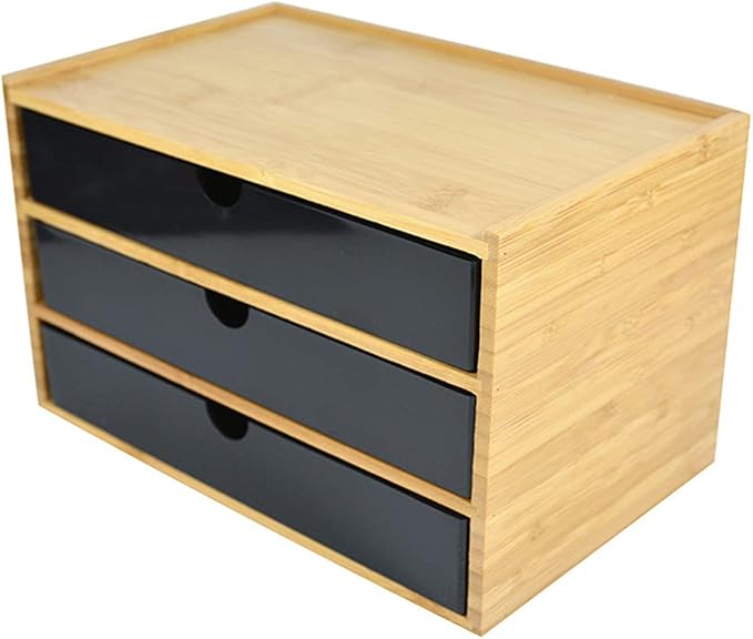 WAYUTO 3-Tier Bamboo Desktop Organizer Simple Wooden Tabletop Storage Organization Box Multi-Scene Drawer Units for Home Bathroom Office Black 3-Drawer by WAYUTO
