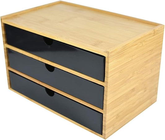 WAYUTO 3-Tier Bamboo Desktop Organizer Simple Wooden Tabletop Storage Organization Box Multi-Scene Drawer Units for Home Bathroom Office Black 3-Drawer by WAYUTO