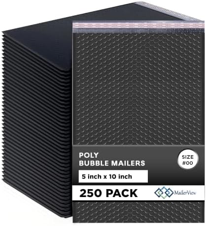 Black Bubble Mailers 5x10, Self Seal Poly Padded Envelopes #00, 250 Pack by MAILERVIEW