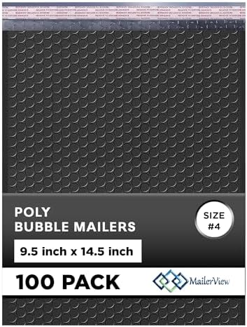 Jet Black Bubble Mailers 9.5x14.5 Poly Padded Envelopes #4 100 Pack by MAILERVIEW