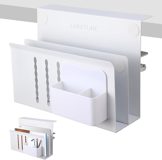 LUKETURE Desk Side Storage, 2 Tier Under Desk Laptop Mount with Pen Slot | Sturdy Steel Double Tier Strong, Magnetic Pen Holder, No Drill Clamp for Standing Desk Organizer, Fits 0.3-2.8" (White) by LUKETURE