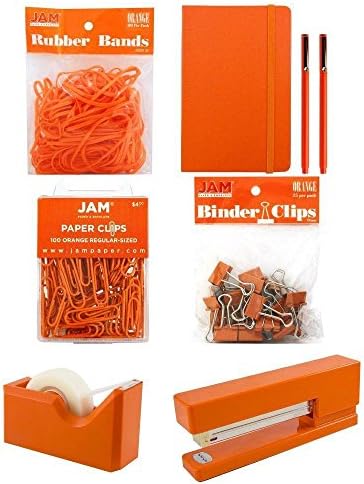 JAM PAPER Complete Desk Kit - Orange - Stapler, Tape Dispenser, Journal, Le Pens, Rubber Bands, Paper Clips & Binder Clips - 7/Pack by JAMPaper