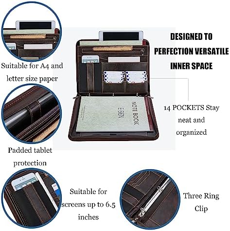 Zippered Padfolio Binder, Faux Leather Organizer with 3-Ring Binder, Left-Handed Design, Business Card Slots & Document Folders - Professional Padfolio for Office (Dark Brown) - Image 4