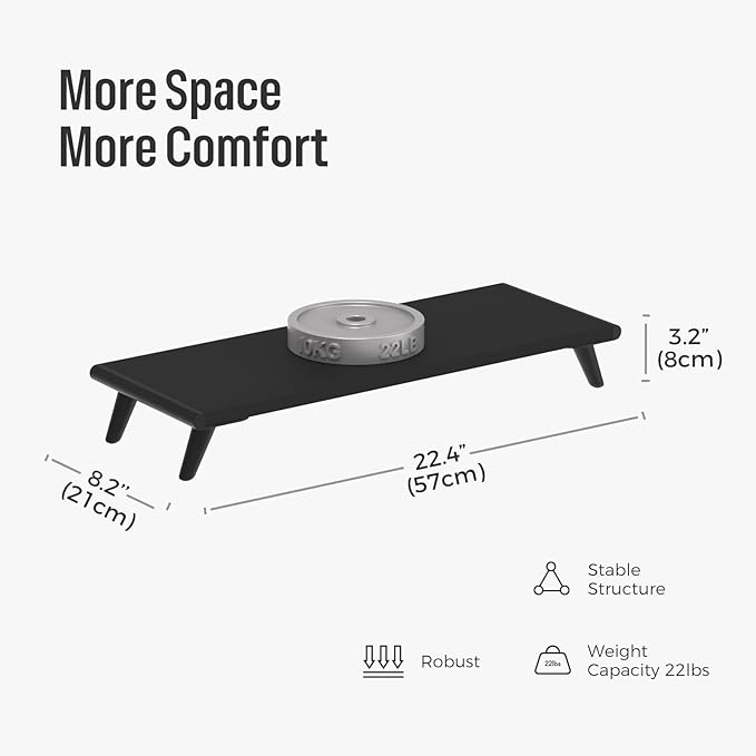 loukin Monitor Stand Riser for Desk, 22.4" × 8.2" Computer Stand, Black | Supports 22 lb, No Installation Required, Water-Resistant Surface, Fits Laptops and Printers, Ergonomic Design - Image 2