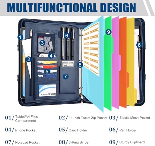 Padfolio Portfolio Binder with Handle, 3-Ring Folder Organizer, Vegan Leather Portfolio with Notepad Includes 5 Dividers with 10 Pockets for Documents Filesfor Documents Files and 1 Pen - Image 4