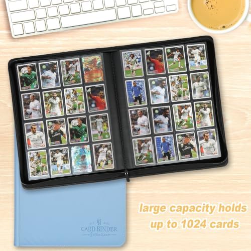 16-Pocket Business Card Binder holds 1024 Cards, Premium Diamond PU Leather Name Card Holder Organizer with Zipper, Black Sleeves Side Loading Card Book for Collectors & Office(light blue) - Image 4