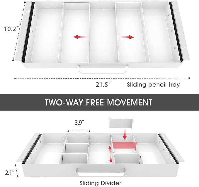 Large Size Under Desk Slide out Pencil Drawer White with Adjustable Space Divider Design for Storing Pencil and Office Accessories, Underdesk Pull out Tray Organizer Mounted for Sit Stand Workstation - Image 2
