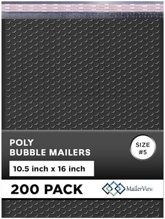Jet Black Bubble Mailers 10.5x16 Poly Padded Envelopes #5, 200 Pack by MAILERVIEW