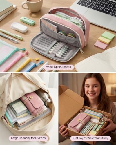 42pcs Cute Pencil Case, Large Capacity Study Pouch Bag with 4-Compartments, Portable Soft Canvas Easy Carry for Library and Office Supplies Kit, Elegant Aesthetic Study for Women (pink) - Image 7