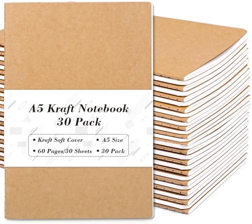 feela 30 Pack Kraft Notebooks, A5 60 Lined Pages Notebooks and Journals for Women Girls Students Making Plans Writing Memos Office School Supplies, 8.3 X 5.5 in by feela