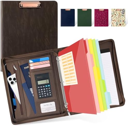 Ospelelf Zippered Portfolio Binder, Leather Clipboard Folder with Storage, 3 Ring Binder 1 Inch, 12.1” Tablet Sleeve, 5 Dividers with Pocket, Refillable Notepad, Card Slot (Brown) by OspelelfOfficeSupplies