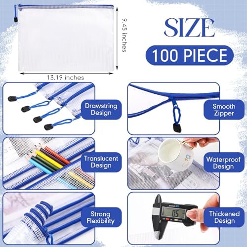 Zhehao 100 Pcs A4 Mesh Zipper Pouch Bag Bulk Blue Mesh Pouch with Zipper - Image 2