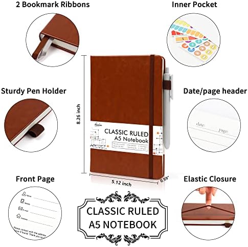feela 24 Pack Journal Notebook for Work, Business Notebook Bulk Hardcover Lined Writing Journal with Pen Holder for Men Women Note Taking, with 24 Black Pens, 120 GSM, 5.1”x8.3”, A5, Brown - Image 2