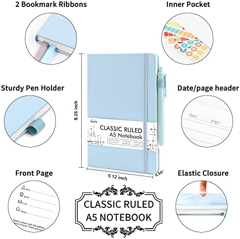 feela 12 Pack Notebooks Journals Bulk, Hardcover Notebook Classic Ruled Lined Journals with Pen Holder for Women Girls School Business Supplies, with 12 Black Pens, 120 GSM, 5.1”x8.3”, A5, Light Blue - Image 2