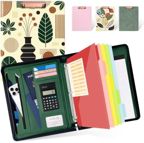 Ospelelf Vintage Leather 3 Ring Portfolio Binder, Zippered Clipboard Folder with Storage - 5 Dividers with Pocket, Padfolio for Women,12.1” Tablet Sleeve, Refillable Notepad, Card Slot by OspelelfOfficeSupplies