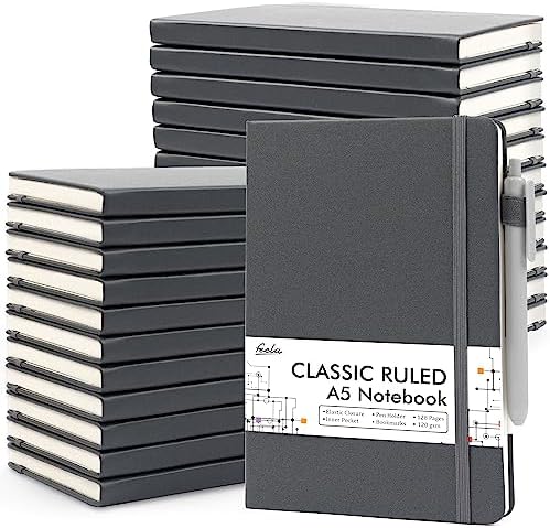 feela 24 Pack Journal Notebook for Work, Business Notebook Bulk Hardcover Lined Writing Journal with Pen Holder for Men Women Note Taking, with 24 Black Pens, 120 GSM, 5.1”x8.3”, A5, Gray by feela