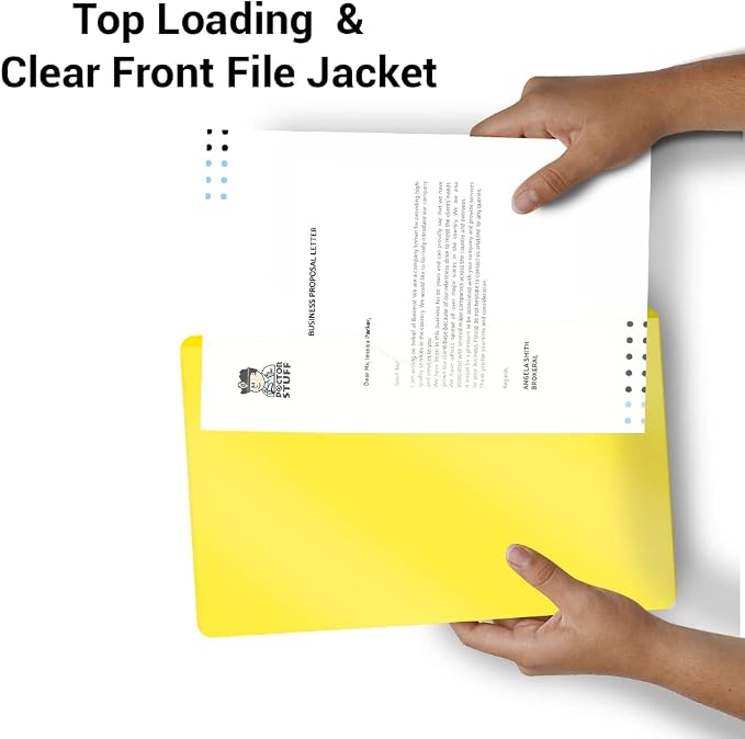 Doctor Stuff- 25 Pack, Vinyl Plastic Pocket File Folders Closed Sides, Legal Size, Clear Front Top Loading Job Jacket, Documents Holder for Office, High School and Medical Files, Yellow - Image 5