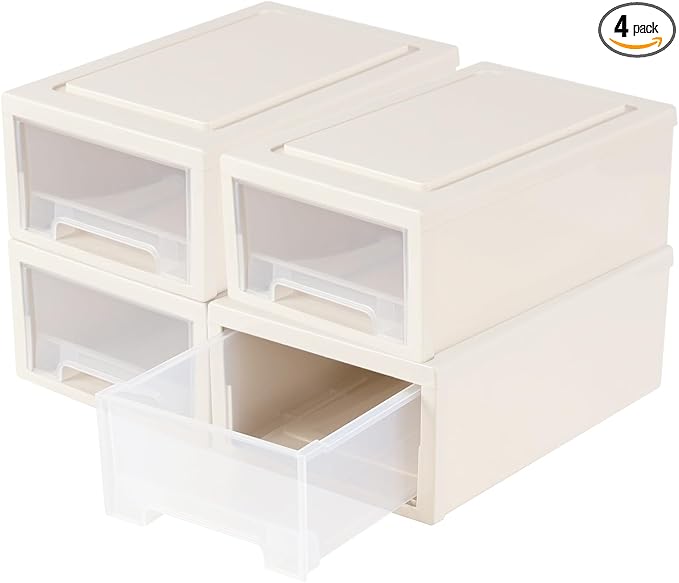 Sadstory 12 Quart Plastic Stackable Storage Desktop Drawer Unit, 4 Packs | Compact Stacking Drawers Unit for Organization by Sadstory