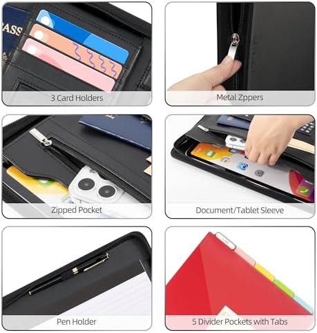 Ospelelf Zippered Padfolio Portfolio Folder, Leather Clipboard with Storage, 3 Ring Binder 1 Inch,12.1” Tablet Sleeve, 5 Dividers with Pocket, Refillable Notepad, Card Slot (Classic Black) - Image 4