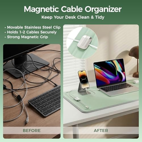 Premium Double-Sided Faux Leather Desk Pad – Non-Slip, Waterproof, with Magnetic Cable Organizer & File Storage – Designed for Offices & Creative Spaces – Durable & Easy to Clean（Green） - Image 3