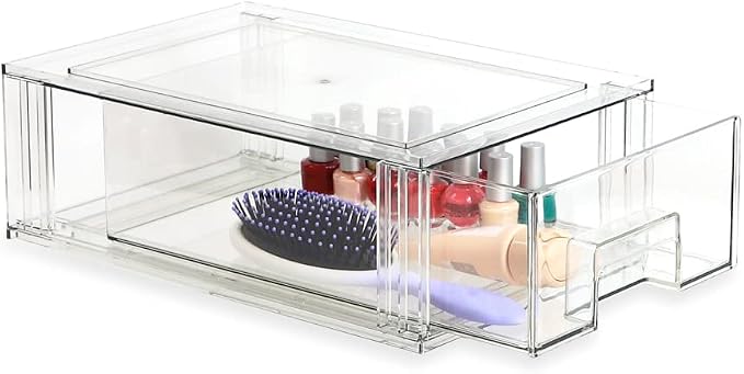 Isaac Jacobs Stackable Organizer Drawer Set (1 Medium, 1 Large), Clear Plastic Storage Boxes, Pull-Out Bins, Home, Office, Closet, Shoes, BPA-Free, Food/Fridge/Freezer Safe (1 Medium, 1 Large) - Image 5
