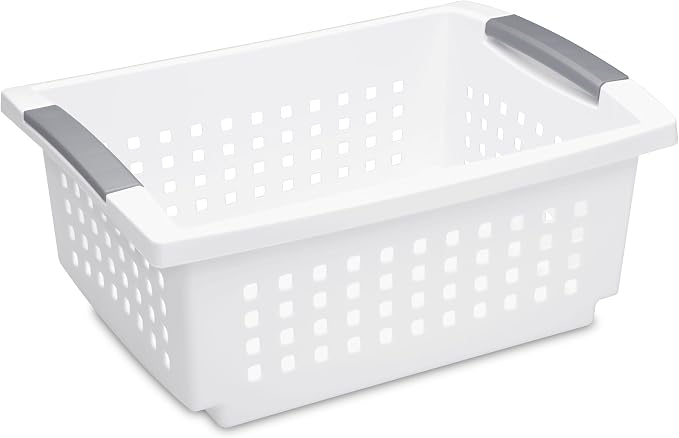 Sterilite 4 Pack Medium Stacking Basket, Open Top Storage Bin with Handles, White - Ideal for Home Closets, Kitchens, or Office Organization - Image 6