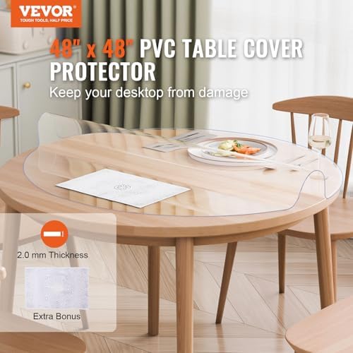 VEVOR Plastic Table Cover, 48 x 48 Inch 2.0 mm Thick Clear Round PVC Desk Mat Protector, Waterproof & Easy Cleaning Tablecloth for Office, Dresser, Dining Room, Night Stand - Image 2