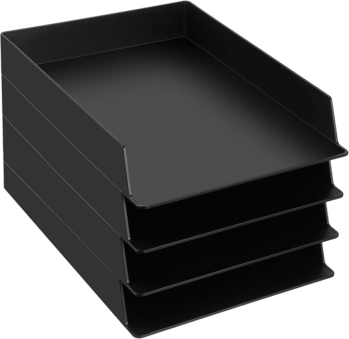 4 Pcs Stackable Paper Trays Rectangular Plastic Desk Holder Desktop Document File Organizer Storage Letter for Office Classroom (Black) by Wenqik