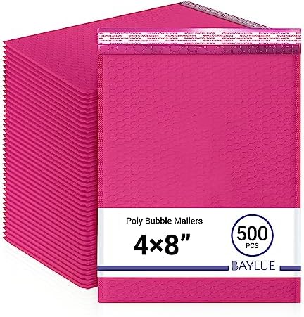 Hot Pink Bubble Mailers 4x8, Self Seal Poly Padded Envelopes #000, 500 Pack by BAYLUE