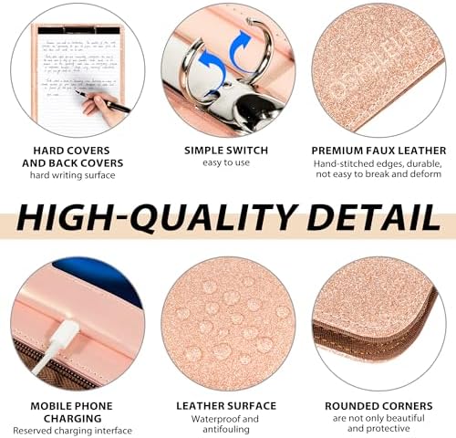 Leather Clipboard with Storage, Zippered Padfolio Portfolio Organizer, 3 Ring Binder 1 Inch, Notepad, Tablet Sleeve, 5 Dividers with Pocket, Stickets for Office, Nurses, Students, Teachers Rose Gold - Image 5
