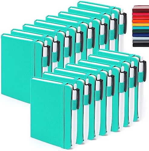 feela 15 Pack Pocket Small Notebooks Bulk, Mini Cute Memo Notepads Hardcover College Ruled Lined Journals with Pen Holder for Women Girls Office School, with 15 Black Pens, 3.5”x 5.5”, A6, Aqua by feela