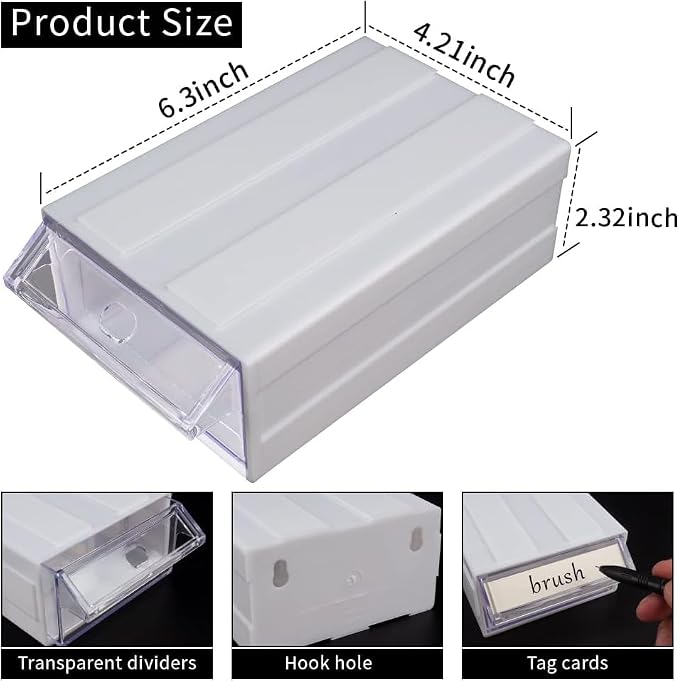 6 Pcs Drawer Stacking Storage Cabinet, White Plastic Drawers Storage Closet & 18 Pcs Clear Dividers Organizer Rack & 12 Pcs Tag Card for Home Office School - Image 2