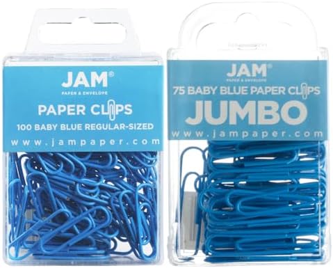 JAM PAPER Combo Pack Colorful Paper Clips - Standard & Jumbo - Baby Blue Paperclips - 1 Pack of 100 & 1 Pack of 75 by JAMPaper