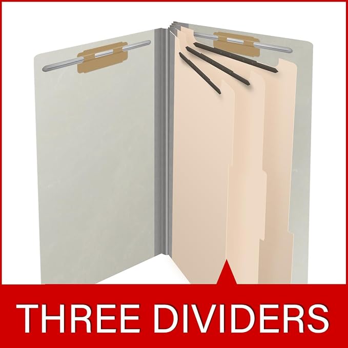 Ecom Folders End Tab Pressboard Classification Folders | Legal Size 25 Pt Type III Stock with 3 Dividers & 3" Tyvek Expansion | 2 Fasteners Pos 1 & 3 for Medical & Office Docs | Light Gray, Box of 10 - Image 8